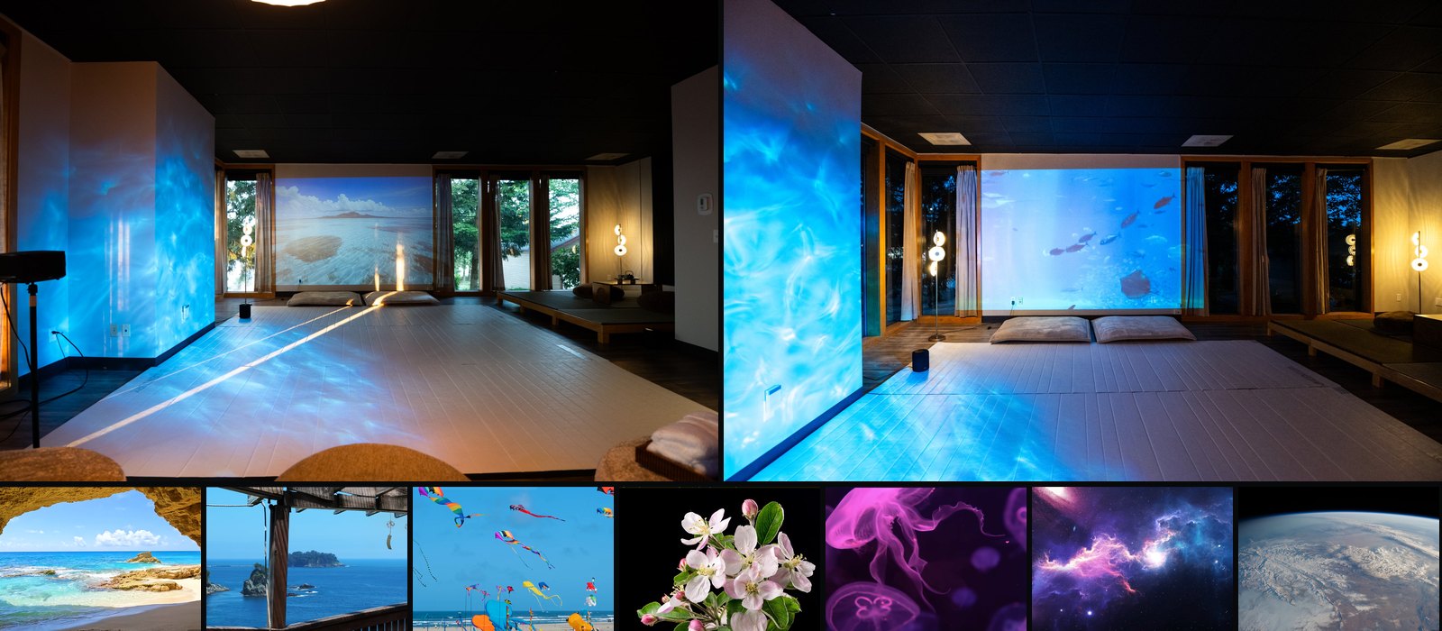 Worlds you can choose: a sunlit turquoise beach, an aquarium, and more