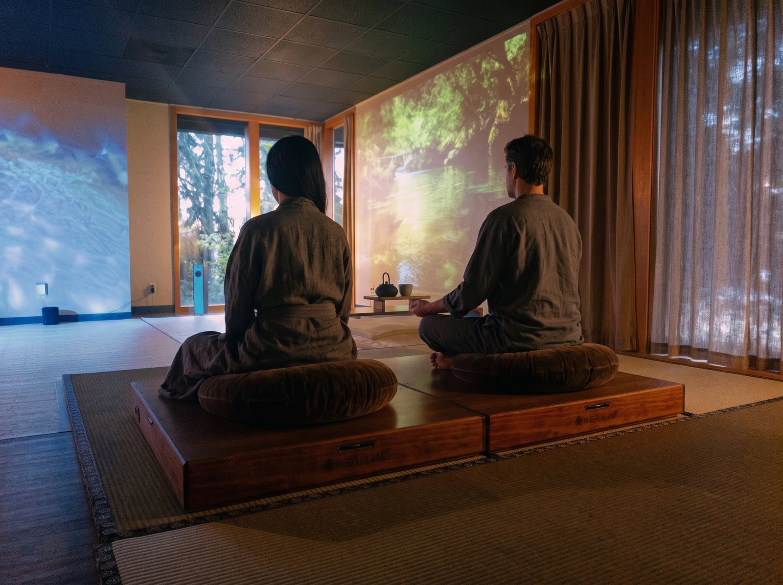 Immersive breathwork for two: a couple sitting together inside a moving blue atmosphere