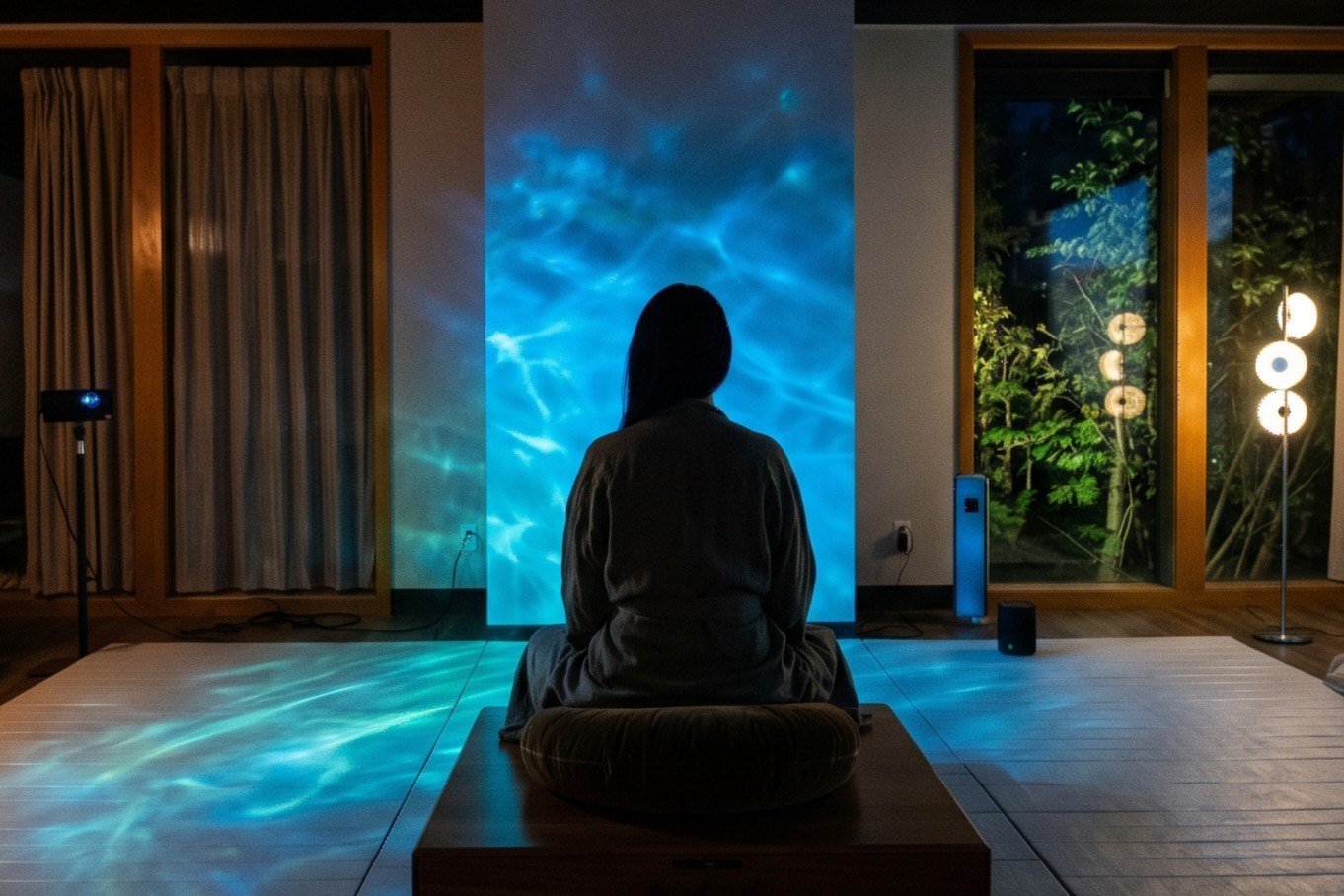 Immersive breathwork: a person sitting in meditation inside a moving blue atmosphere